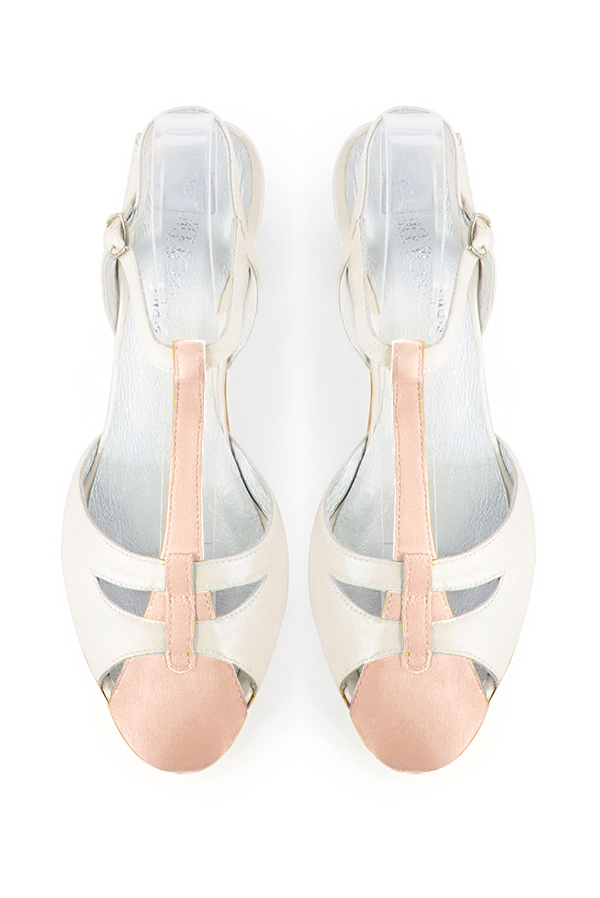Powder pink and off white women's open back T-strap shoes. Round toe. High block heels. Top view - Florence KOOIJMAN